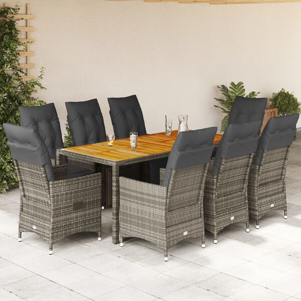 vidaXL 9 Piece Garden Bistro Set with Cushions Grey Poly Rattan