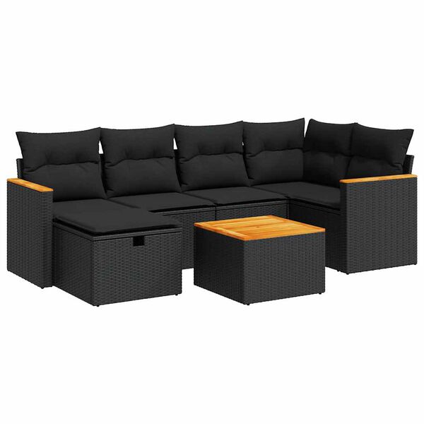vidaXL 7 Piece Garden Sofa Set with Cushions Black Poly Rattan