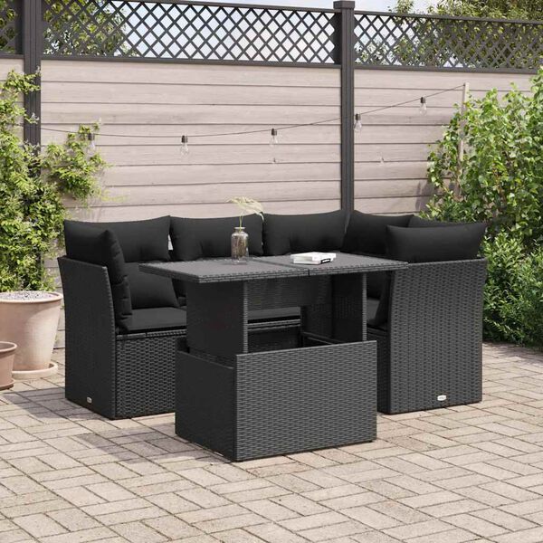vidaXL 5 Piece Garden Sofa Set with Cushions Black Poly Rattan