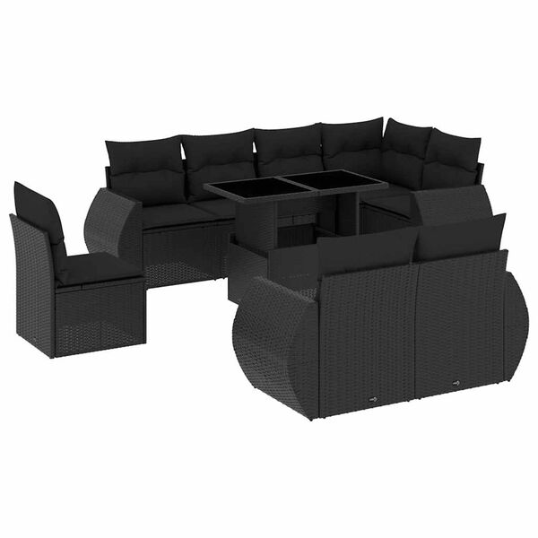 vidaXL 9 Piece Garden Sofa Set with Cushions Black Poly Rattan