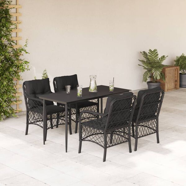 vidaXL 5 Piece Garden Dining Set with Cushions Black Poly Rattan