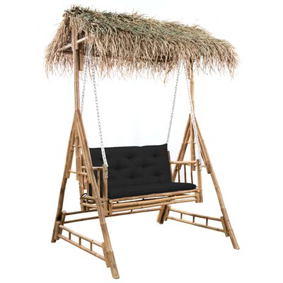 vidaXL 2-Seater Swing Bench with Palm Leaves and Cushion 202 cm Bamboo