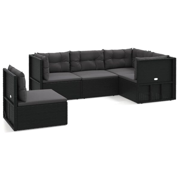 vidaXL 5 Piece Garden Lounge Set with Cushions Black Poly Rattan