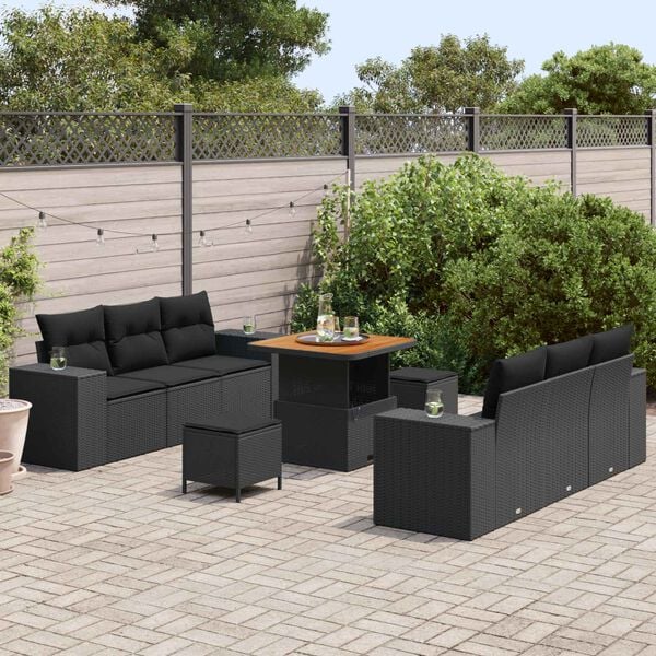 vidaXL Garden Sofa Set with Cushion 9 pcs Black Poly rattan
