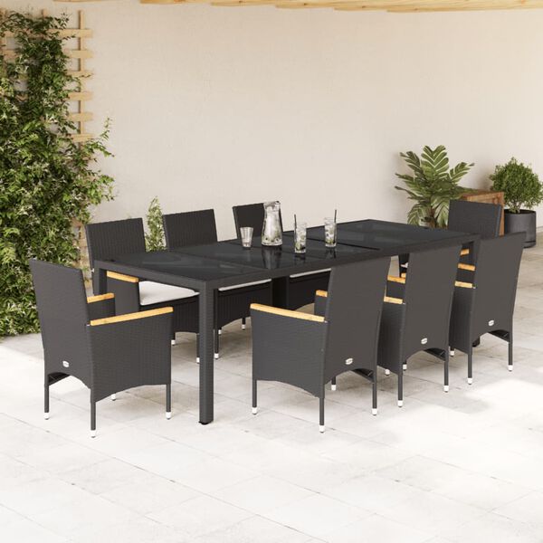 vidaXL 9 Piece Garden Dining Set with Cushions Black Poly Rattan and Glass