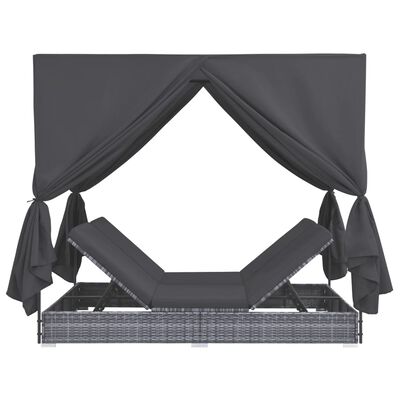 vidaXL Outdoor Lounge Bed with Curtains Poly Rattan Grey