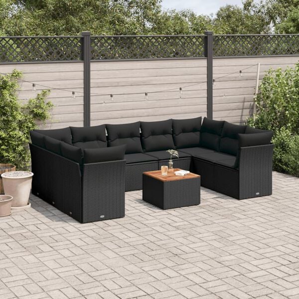 vidaXL 10 Piece Garden Sofa Set with Cushions Black Poly Rattan