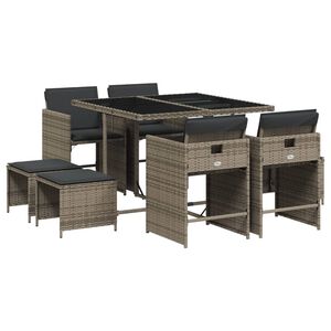 vidaXL 9 Piece Garden Dining Set with Cushions Grey Poly Rattan