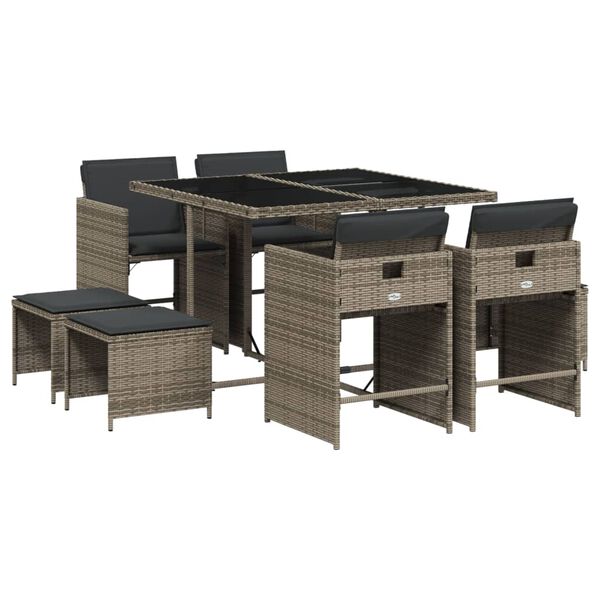 vidaXL 9 Piece Garden Dining Set with Cushions Grey Poly Rattan
