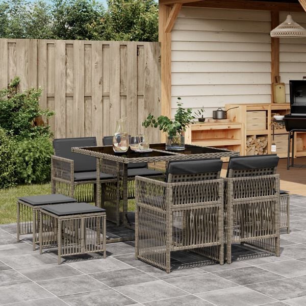 vidaXL 9 Piece Garden Dining Set with Cushions Grey Poly Rattan