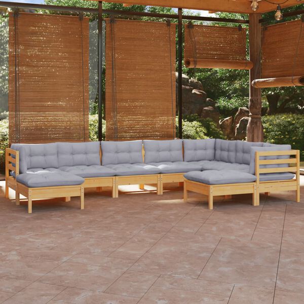 vidaXL 9 Piece Garden Lounge Set with Grey Cushions Solid Pinewood