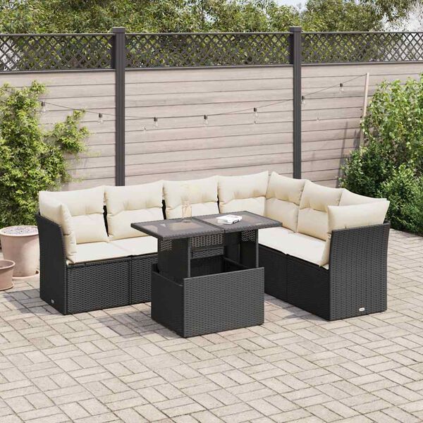 vidaXL 7 Piece Garden Sofa Set with Cushions Black Poly Rattan