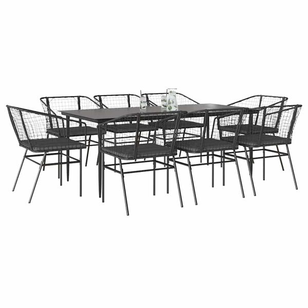 vidaXL 9 Piece Garden Dining Set with Cushions Black Poly Rattan Glass