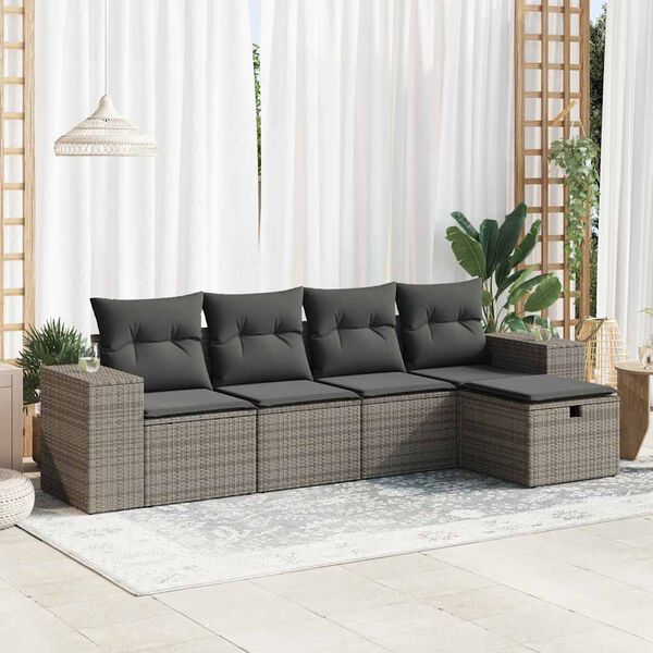 vidaXL 5 Piece Garden Sofa Set with Cushions Grey Poly Rattan