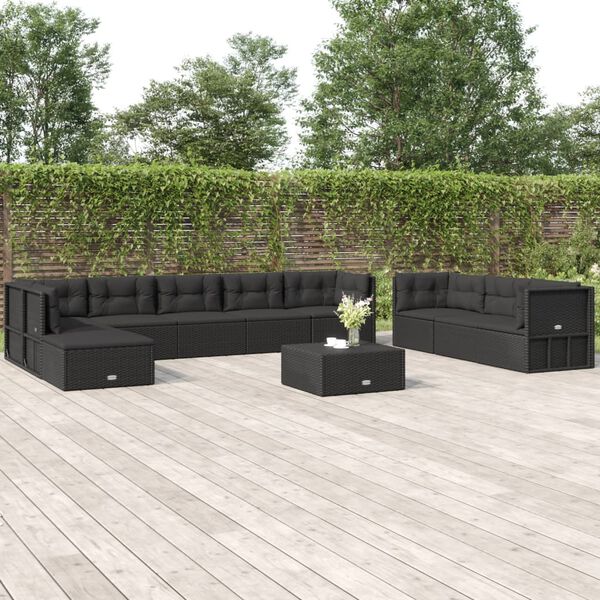 vidaXL 10 Piece Outdoor Sofa Set with Cushions Black Poly Rattan