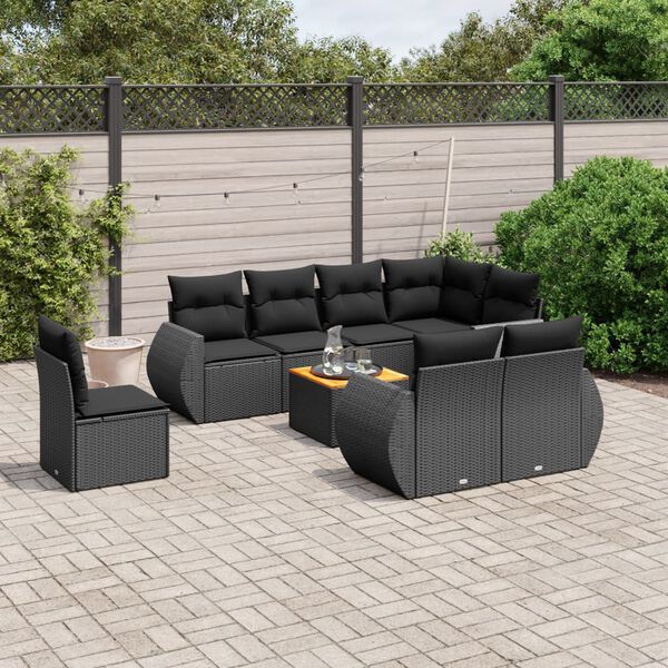 vidaXL 9 Piece Garden Sofa Set with Cushions Black Poly Rattan