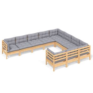 vidaXL 10 Piece Garden Lounge Set with Grey Cushions Pinewood