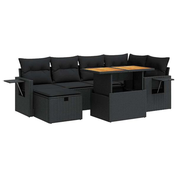 vidaXL 8 Piece Garden Sofa Set with Cushions Black Poly Rattan Acacia