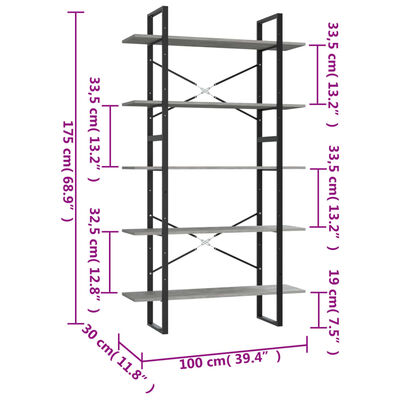 vidaXL 5-Tier Book Cabinet Concrete Grey 100x30x175 cm Engineered Wood