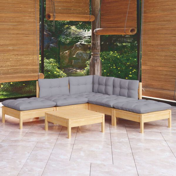 vidaXL 6 Piece Garden Lounge Set with Grey Cushions Pinewood