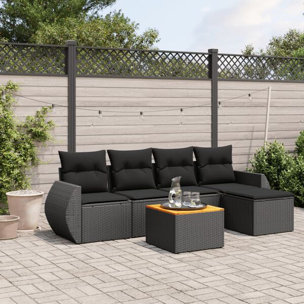 vidaXL 6 Piece Garden Sofa Set with Cushions Black Poly Rattan