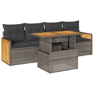 vidaXL 5 Piece Garden Sofa Set with Cushions Grey Poly Rattan Acacia