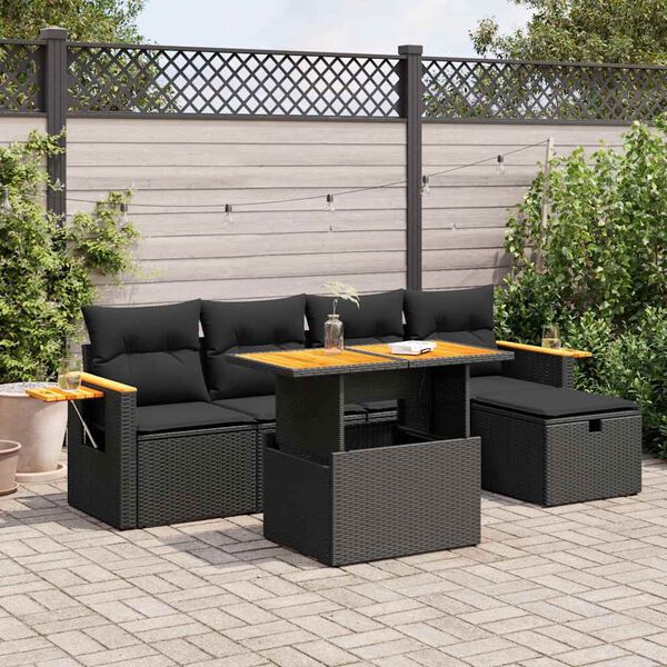 vidaXL 6 Piece Garden Sofa Set with Cushions Black Poly Rattan