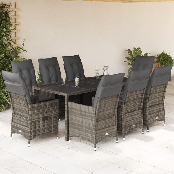 vidaXL 9 Piece Garden Dining Set with Cushions Grey Poly Rattan