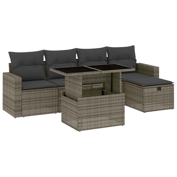 vidaXL 6 Piece Garden Sofa Set with Cushions Grey Poly Rattan