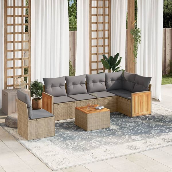vidaXL 7 Piece Garden Sofa Set with Cushions Beige Poly Rattan