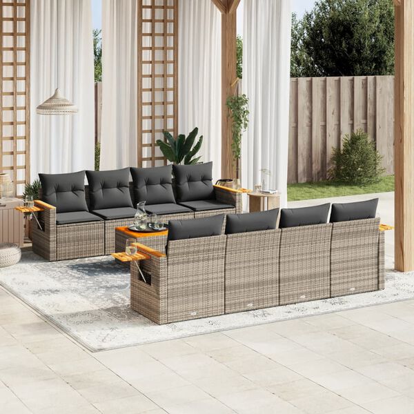 vidaXL 9 Piece Garden Sofa Set with Cushions Grey Poly Rattan
