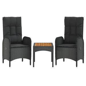 vidaXL 3 Piece Garden Lounge Set with Cushions Black Poly Rattan