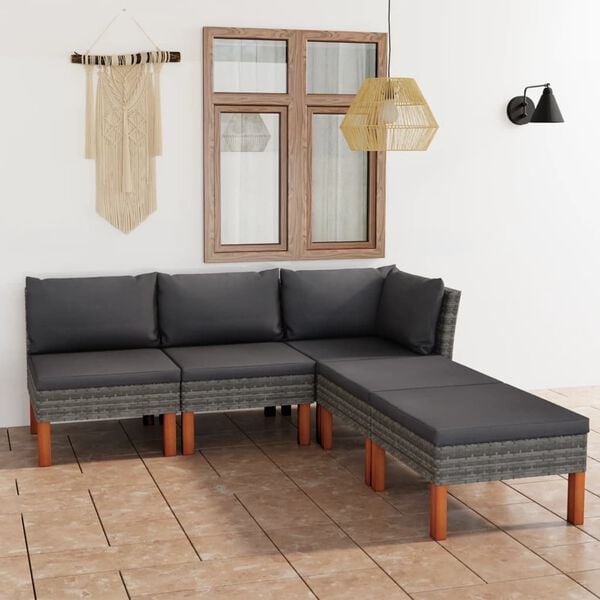 vidaXL 5 Piece Garden Lounge Set with Cushions Poly Rattan Grey
