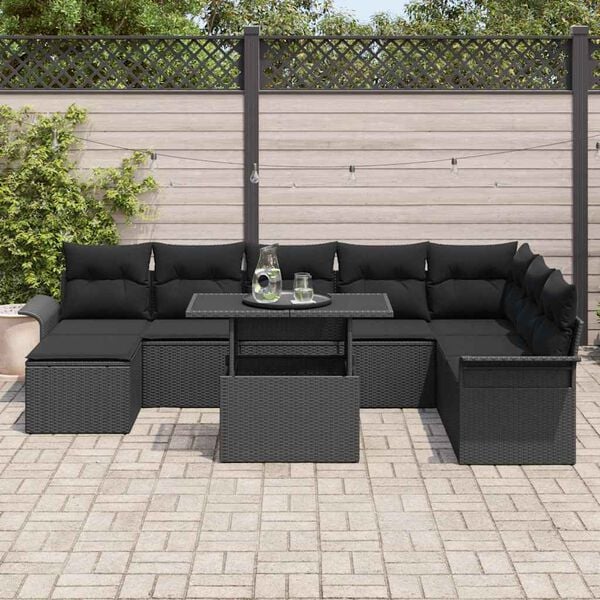 vidaXL Sofa Set with Cushion 9 pcs Black Poly Rattan