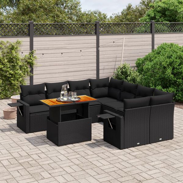 vidaXL 9 Piece Garden Sofa Set with Cushions Black Poly Rattan