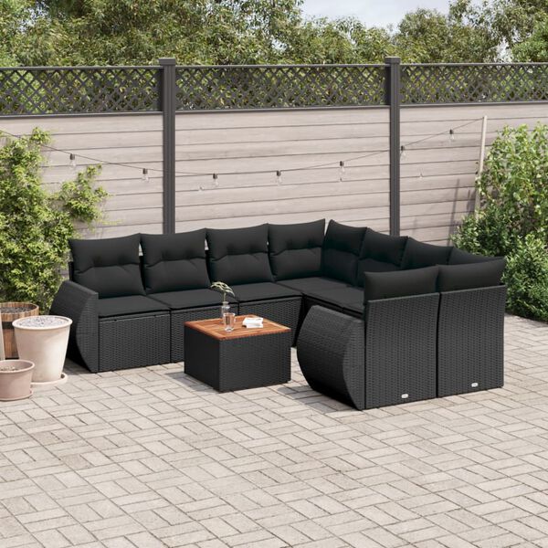 vidaXL 9 Piece Garden Sofa Set with Cushions Black Poly Rattan
