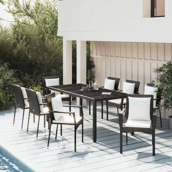 vidaXL 9 Piece Garden Dining Set with Cushions Black Poly Rattan