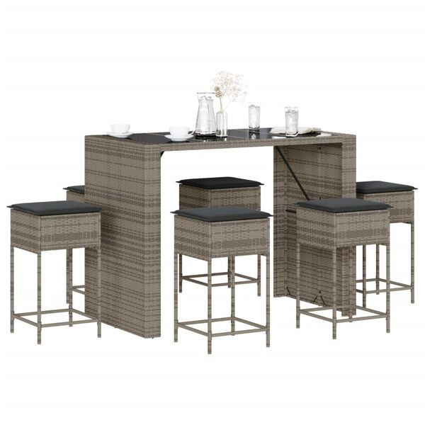 vidaXL 7 Piece Garden Bar Set with Cushions Grey Poly Rattan