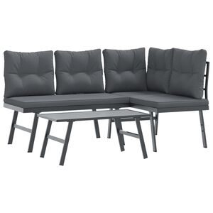 vidaXL 3 Piece Garden Bench Set with Cushions Black Powder-coated Steel
