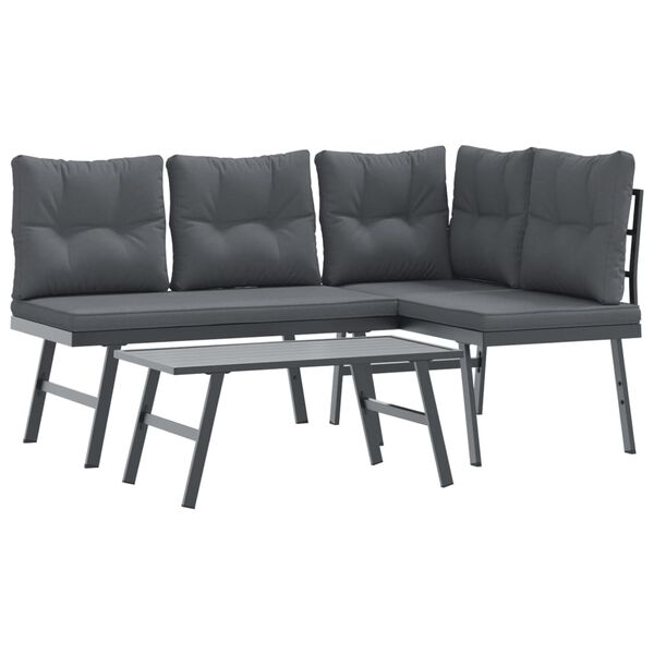 vidaXL 3 Piece Garden Bench Set with Cushions Black Powder-coated Steel