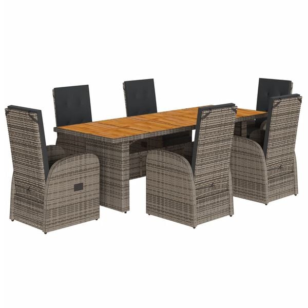 vidaXL 7 Piece Garden Dining Set with Cushions Grey Poly Rattan
