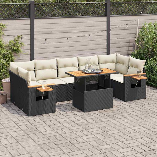 vidaXL 8 Piece Garden Sofa Set with Cushions Black Poly Rattan Acacia