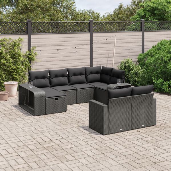 vidaXL 10 Piece Garden Sofa Set with Cushions Black Poly Rattan