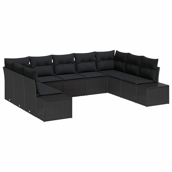 vidaXL Garden Sofa Set with Cushion 9 pcs Black Poly Rattan