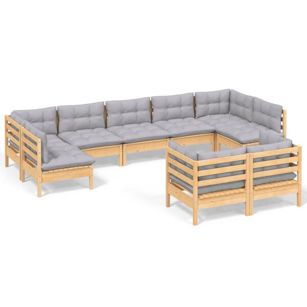 vidaXL 9 Piece Garden Lounge Set with Grey Cushions Solid Pinewood