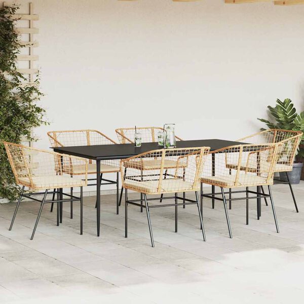 vidaXL 7 Piece Garden Dining Set with Cushions Brown Poly Rattan Glass
