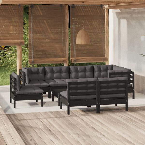 vidaXL 9 Piece Garden Lounge Set with Cushions Black Solid Pinewood