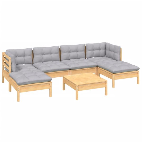 vidaXL 7 Piece Garden Lounge Set with Grey Cushions Pinewood