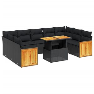 vidaXL 10 Piece Garden Sofa Set with Cushions Black Poly Rattan