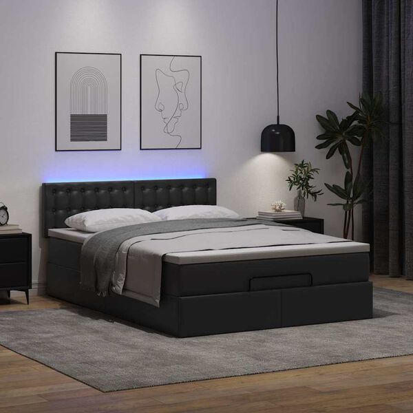 vidaXL Ottoman Bed with Mattresses & LEDs Black Queen Faux Leather